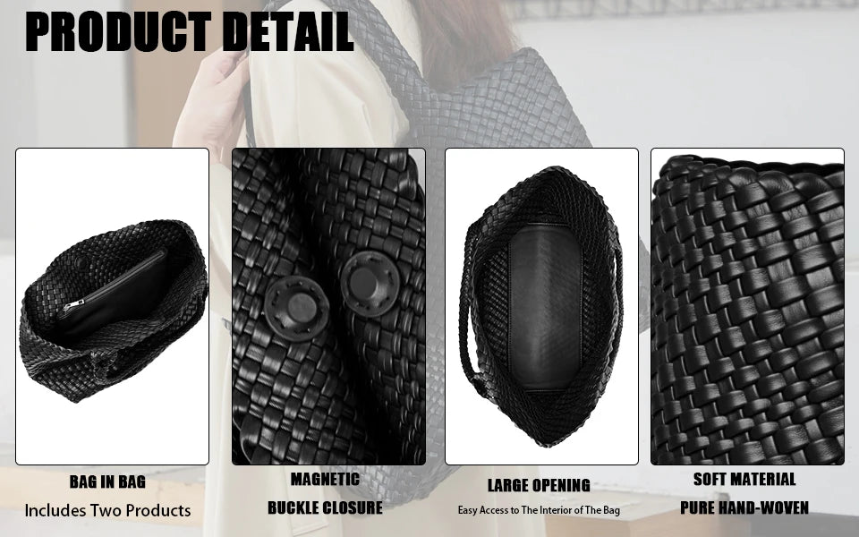 Detail shots of a black handwoven bag featuring magnetic buckle closure and soft material texture.