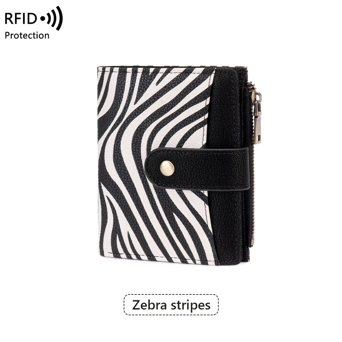A black and white zebra striped compact bi-fold wallet with a zipper closure.