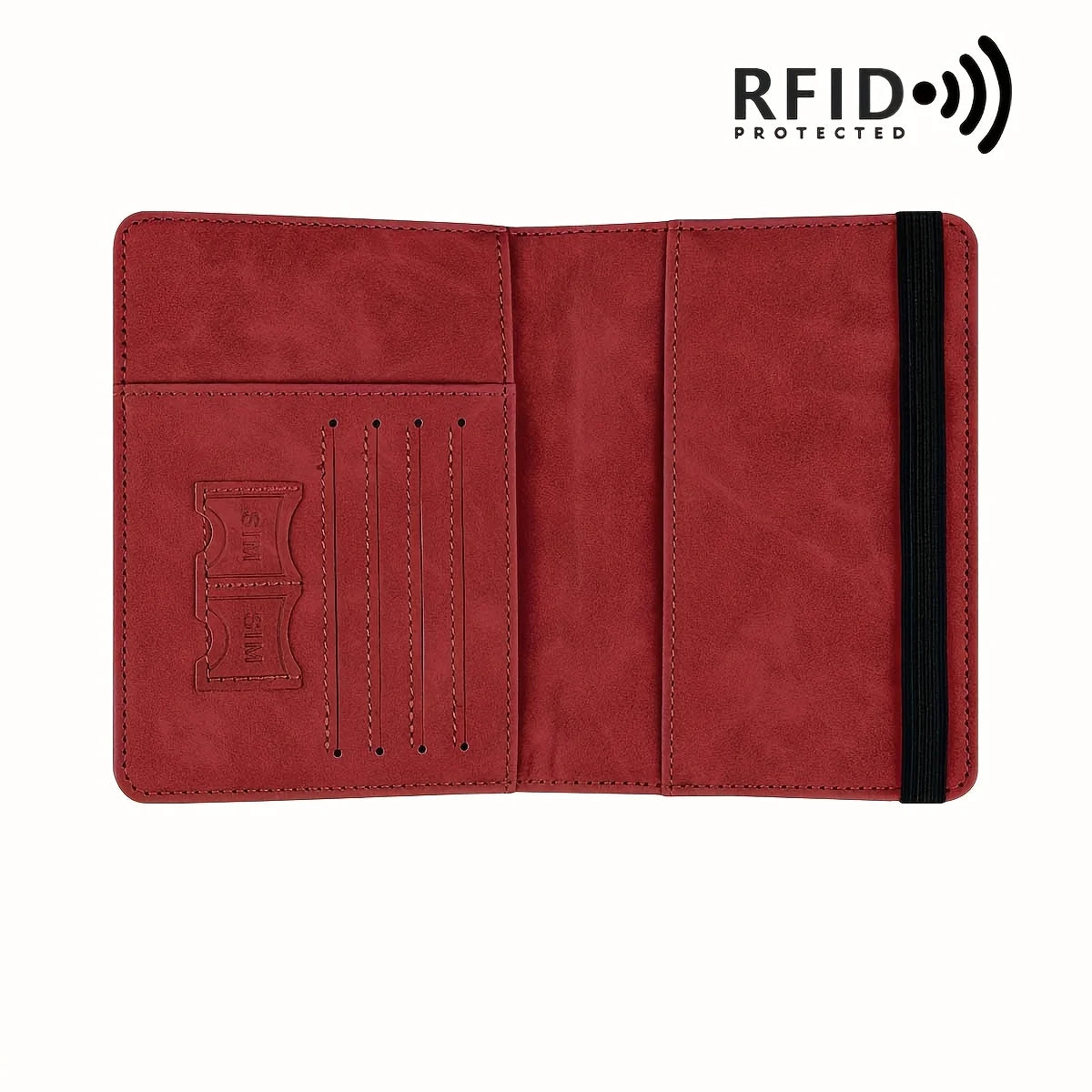 A maroon leather travel passport holder with a black trim and an RFID protected design.