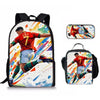 A black backpack and two matching lunch bags featuring a football player in a red jersey.