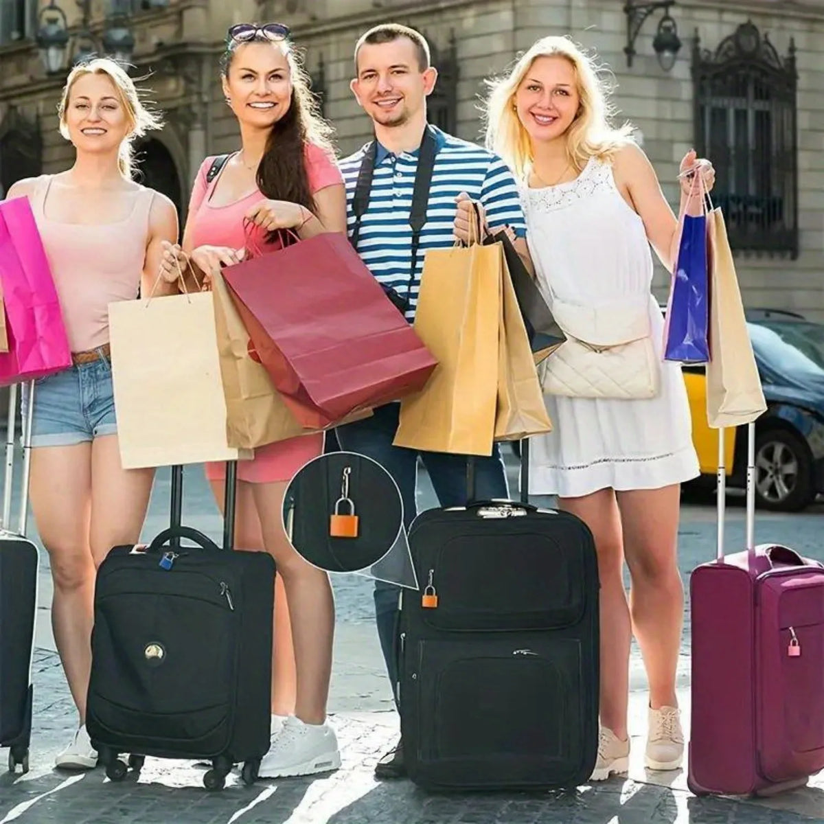 Vier Personen stehen mit verschiedenfarbigem Gepäck und Reiseschlössern.