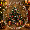 A Christmas tree made of glitter and jewels with a lace edge, used as a DIY suncatcher.
