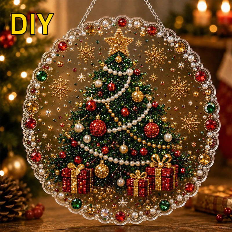 A Christmas tree made of glitter and jewels with a lace edge, used as a DIY suncatcher.