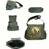A set of vintage canvas shoulder bags in olive green fabric shown from various angles.