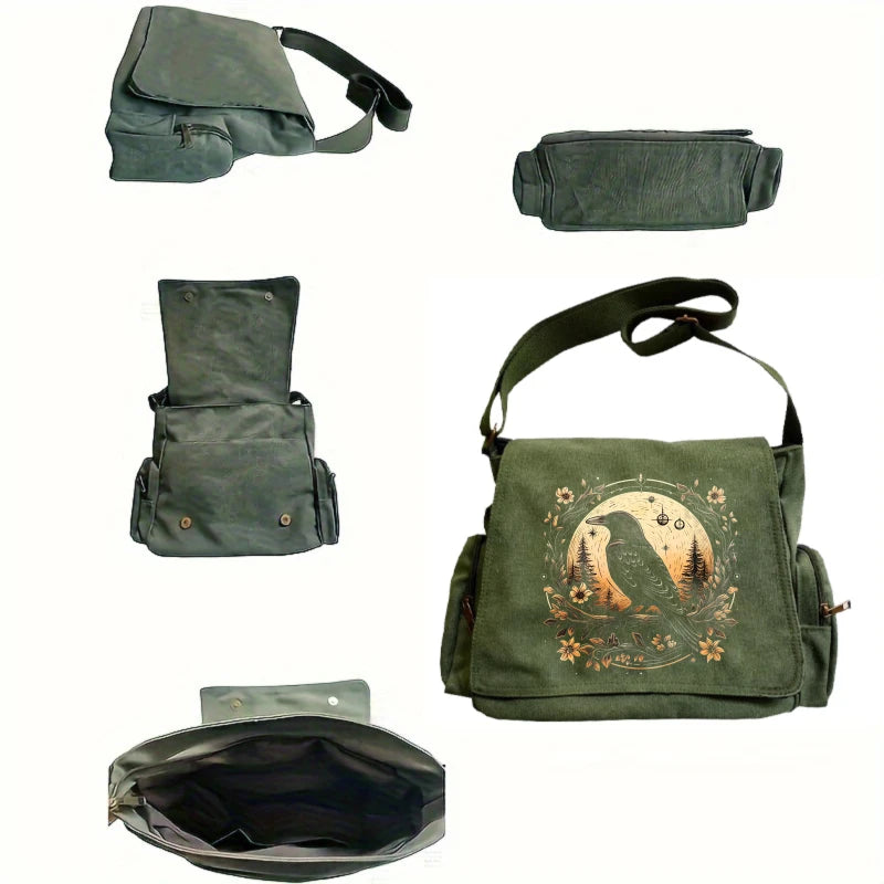 A set of vintage canvas shoulder bags in olive green fabric shown from various angles.