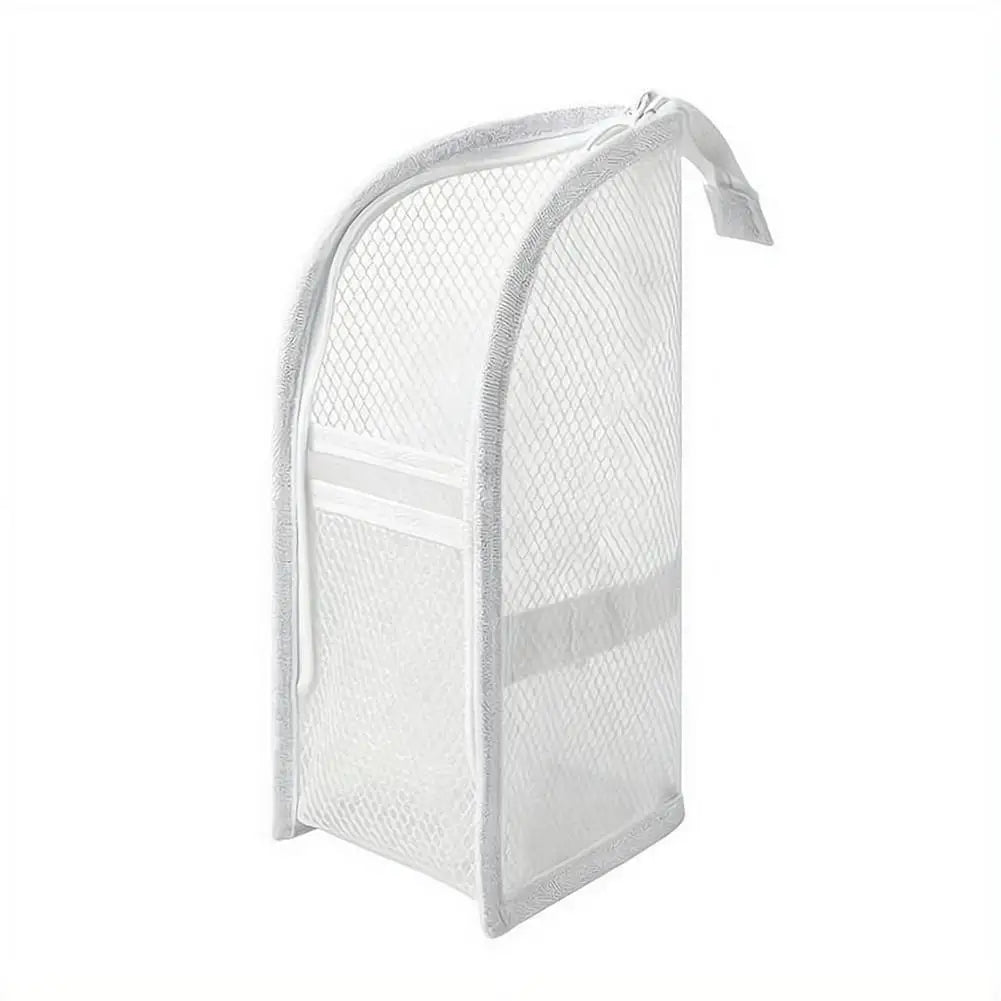 Bolsa de cosméticos blanca de malla para viajar con cierre de cordón.