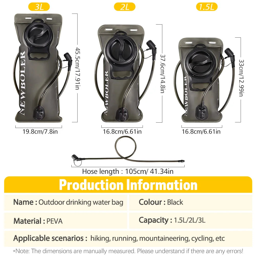 Three sizes of black reusable insulated water bags 3L, 2L, and 1.5L with attached hoses.