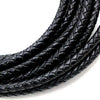 A close-up of black braided leather cord used for jewelry making.