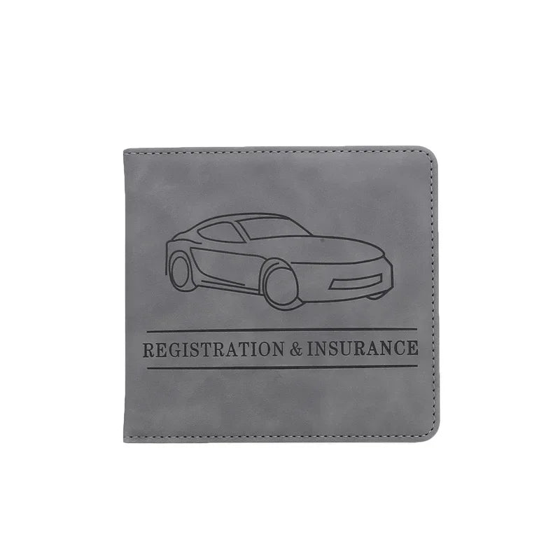 A gray PU leather glove box wallet featuring a silhouette of a car and the text Registration & Insurance.
