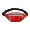 A red holographic sequin waist bag with a black adjustable strap.