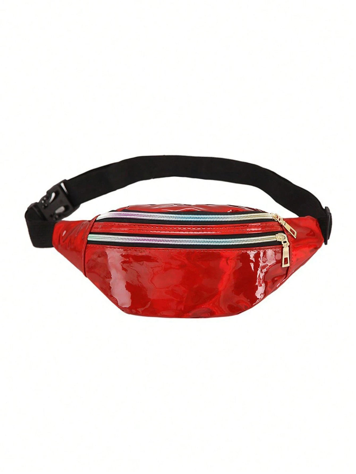 A red holographic sequin waist bag with a black adjustable strap.