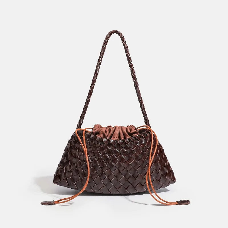 A dark brown handwoven PU shoulder bag with a braided strap and drawstring closure.