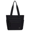 A black canvas tote bag with two zippered pockets and black fabric handles.