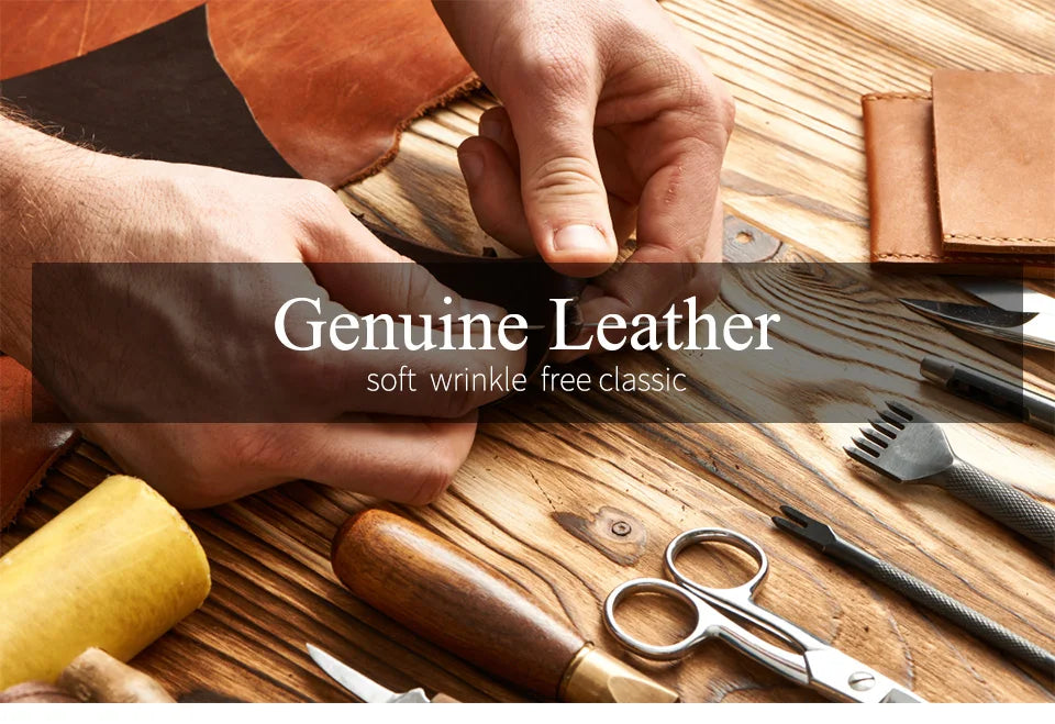 Hands are shown opening a genuine leather wallet, highlighting the soft wrinkle-free classic design.