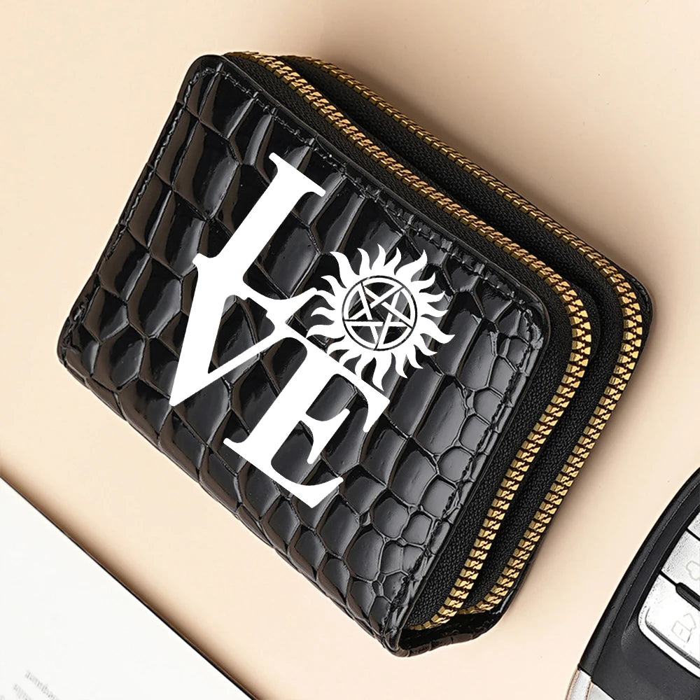 A black fashion PU leather double zipper wallet featuring a large white LV logo and a sun emblem.