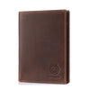 A brown genuine leather passport and travel wallet with a embossed lion emblem.