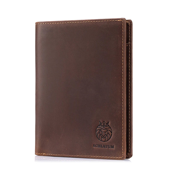 A brown genuine leather passport and travel wallet with a embossed lion emblem.