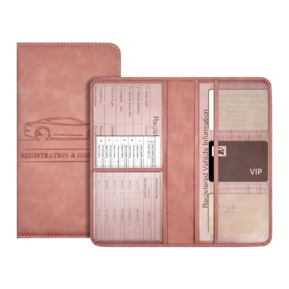 A pink PU leather car document organizer with clear pockets and a VIP section.