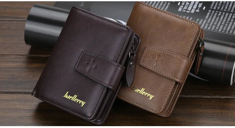A brown leather card holder wallet is shown resting on a wooden surface next to a rolled-up document.
