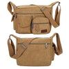 A tan canvas tool bag with multiple pockets and adjustable straps.