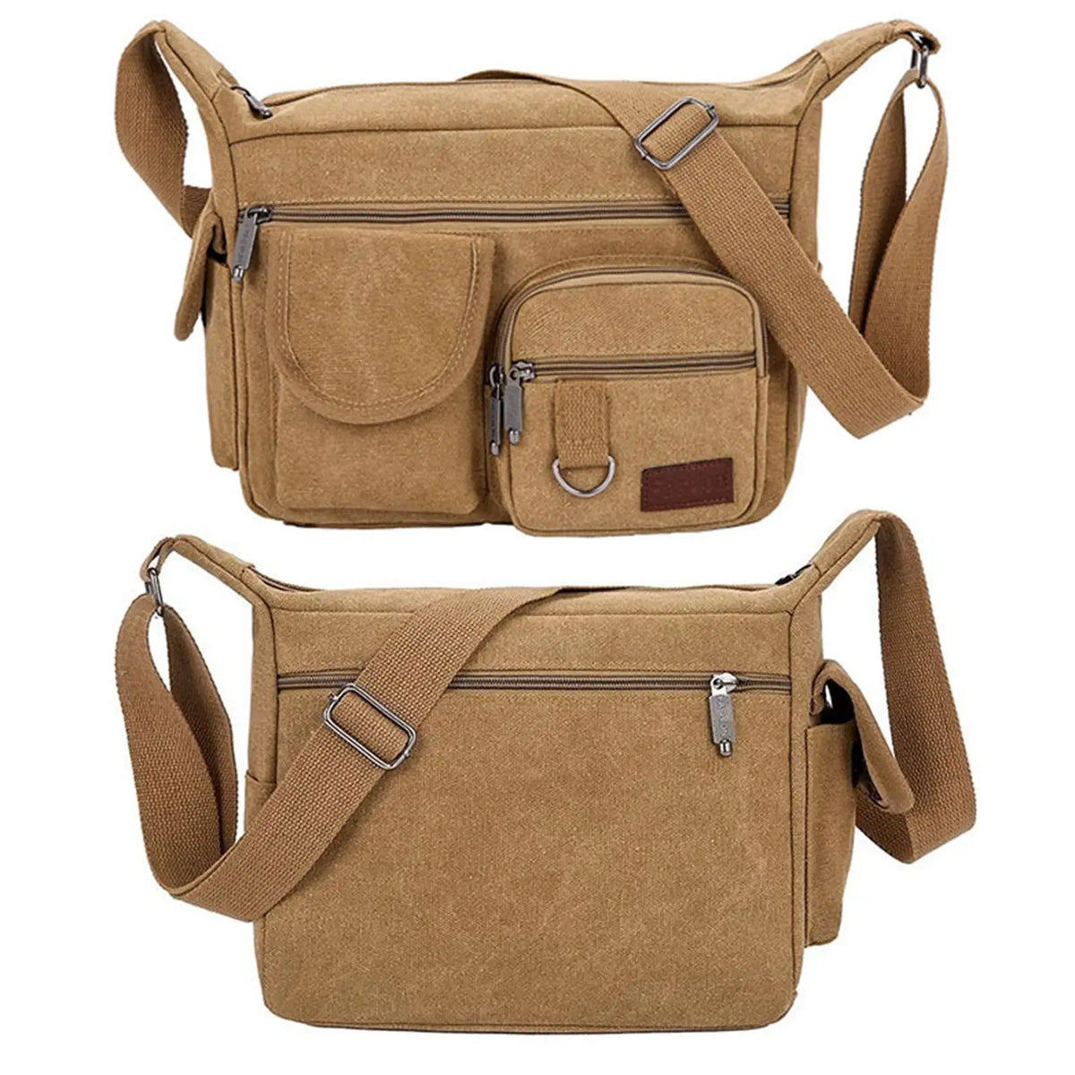 A tan canvas tool bag with multiple pockets and adjustable straps.