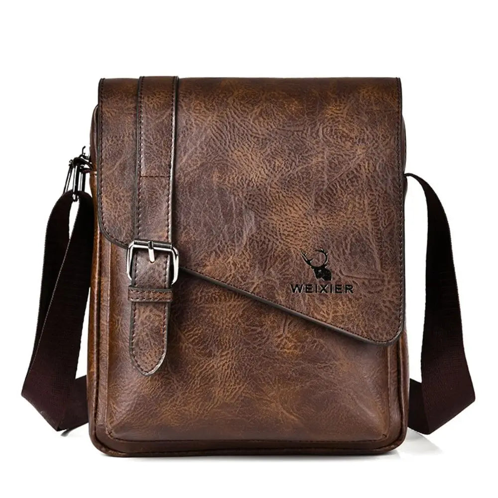 A brown men's PU leather messenger bag with a dark strap shown from the front.