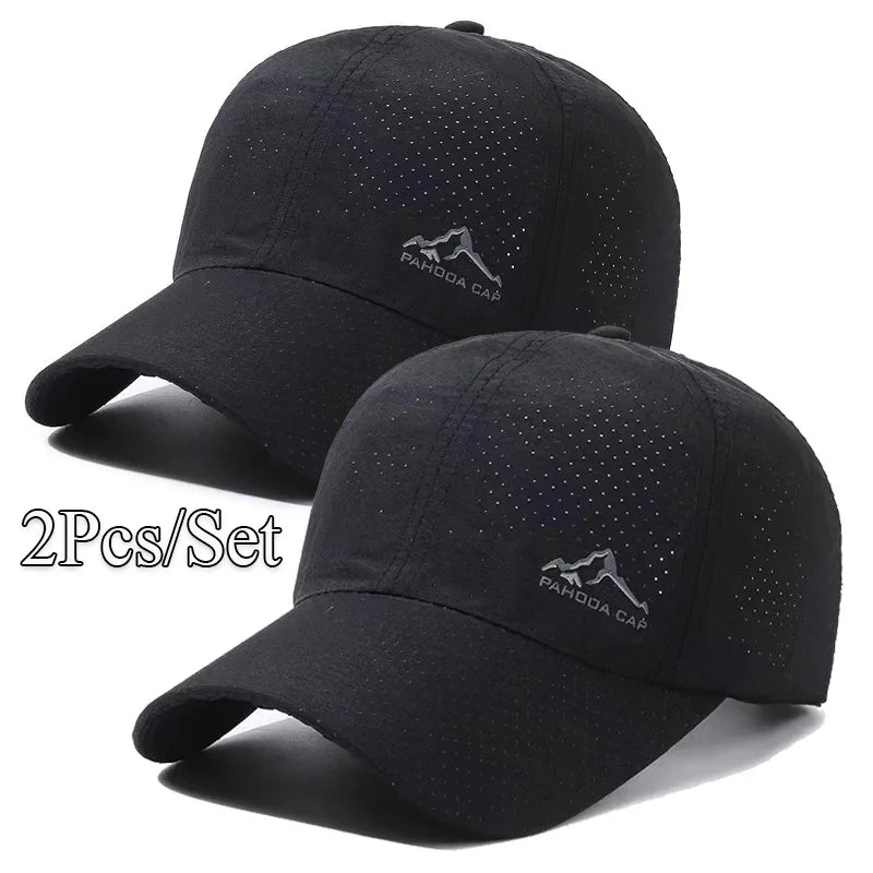 Black outdoor baseball cap set featuring a mountain logo embroidered on the front