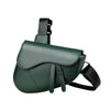 A dark green men's solid color chest bag with a black strap shown from the side.