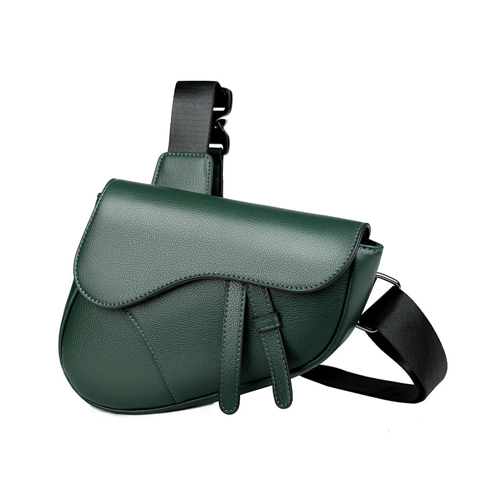 A dark green men's solid color chest bag with a black strap shown from the side.
