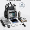 A black transparent backpack is shown with various daily essentials like a laptop, iPad, books, and accessories.