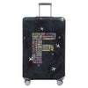 A black stretch fabric luggage protection cover with silver handles and wheels.