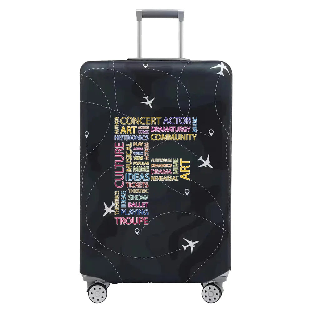 A black stretch fabric luggage protection cover with silver handles and wheels.