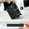 A black slim pop-up wallet is shown with a clear ID window and a thickness measurement of 0.82 inches.