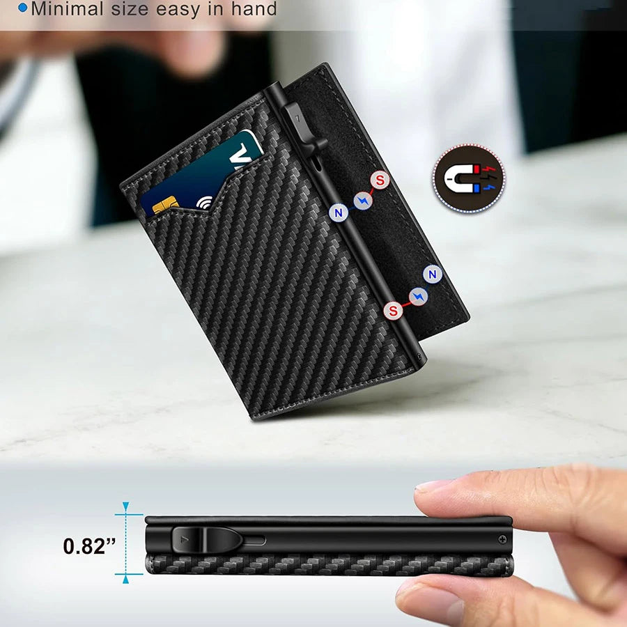 A black slim pop-up wallet is shown with a clear ID window and a thickness measurement of 0.82 inches.