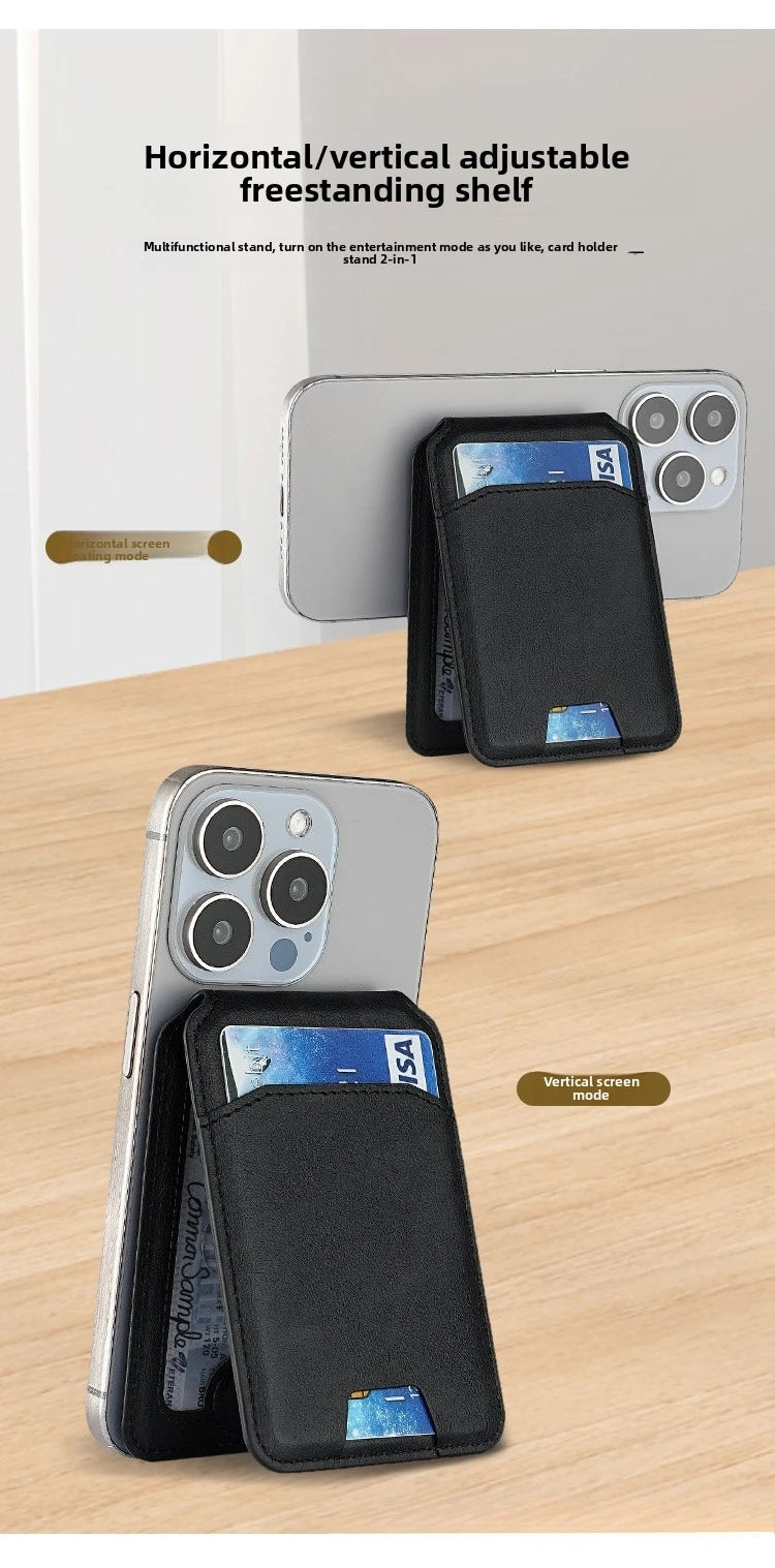 Un porte-cartes et une pochette portefeuille en cuir noir, montrés en mode horizontal et vertical sur une surface en bois.