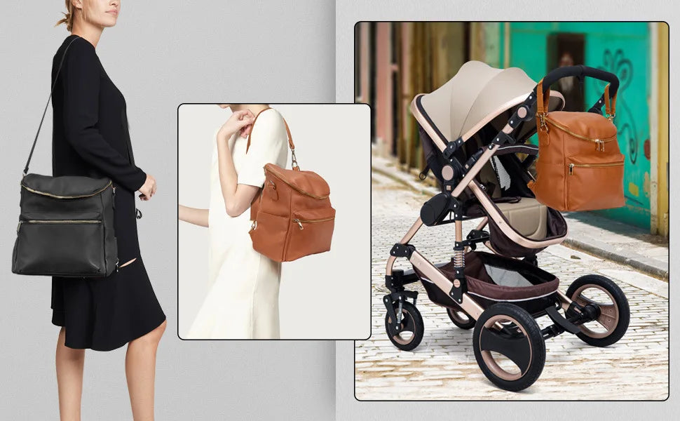 A woman wearing a black dress holds an orange leather backpack and stands next to a large capacity diaper bag with a stroller