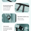 Detail display showing features of a durable waterproof travel backpack including a comfortable handle, zipper, adjustable sh