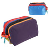A multi-compartment travel toiletry organizer bag with colorful striped fabric and purple lining.