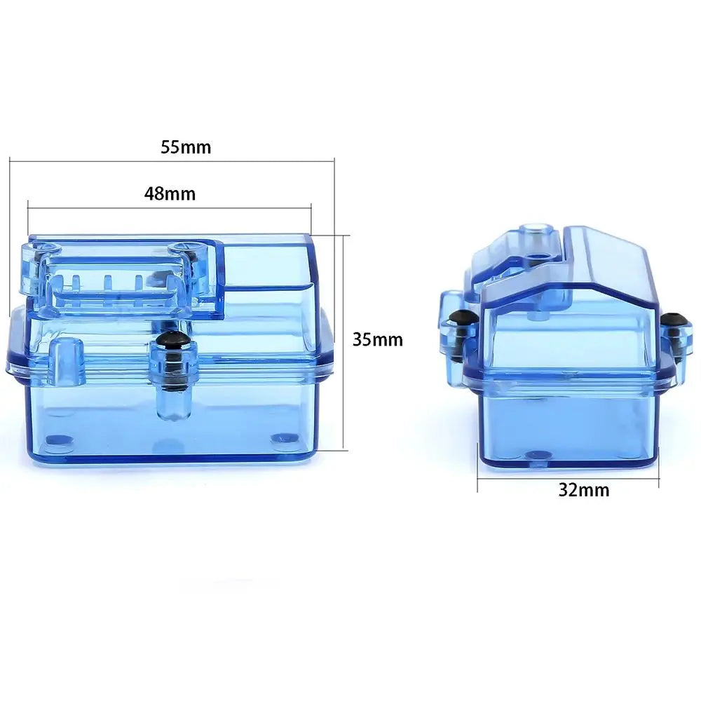 A clear blue waterproof receiver protection box with dimensions 55mm by 48mm.