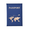 A dark blue leather passport holder with gold foil printing of the world map and the word PASSPORT.