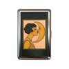 A vintage metal card holder featuring a framed illustration of two profiles kissing against a golden background.
