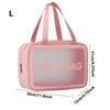 A pink clear waterproof travel toiletry bag with pink straps and dimensions shown.