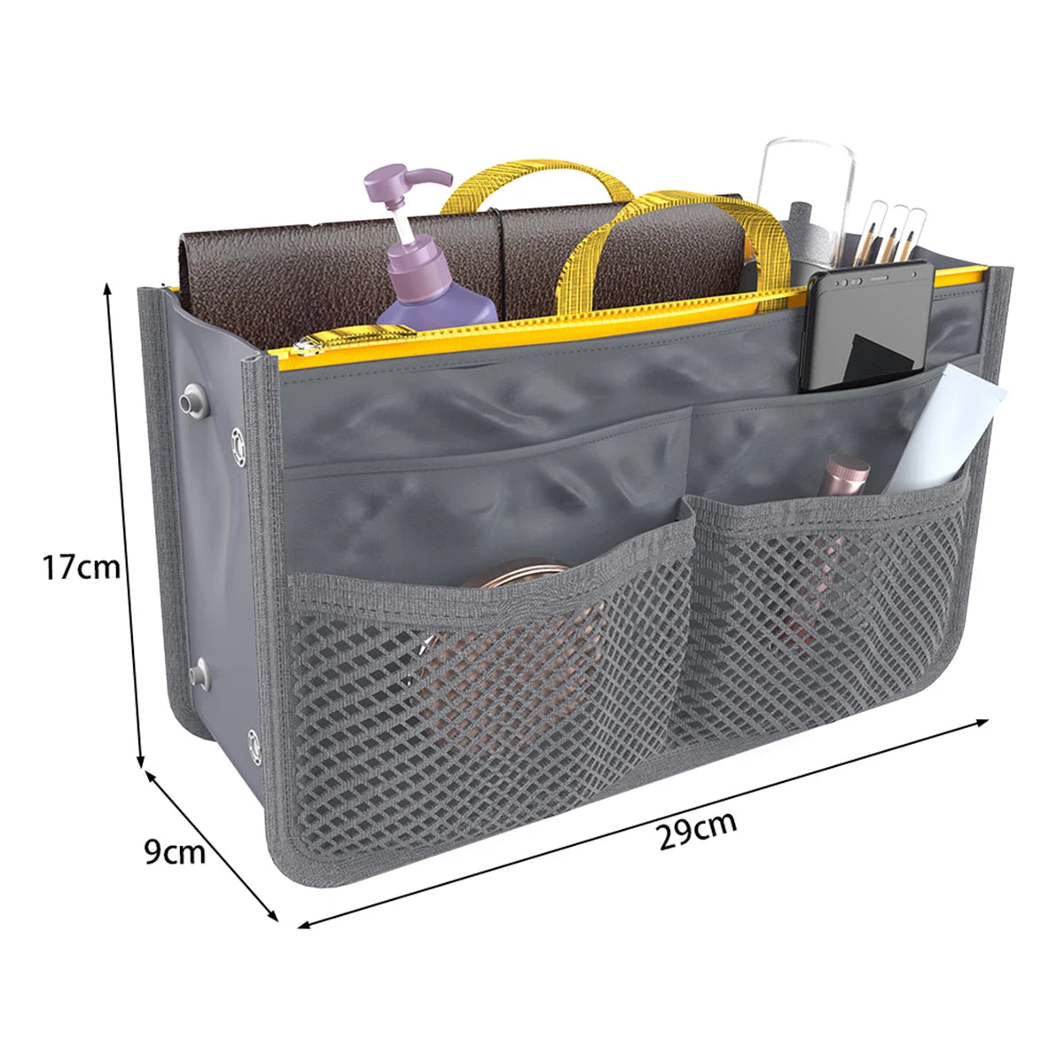 A gray multi-pocket organizer tote bag filled with cosmetic and essential items like brushes and makeup.
