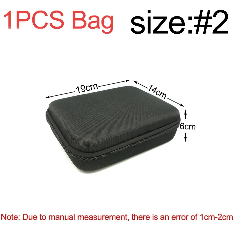 A black portable storage and travel organizer bag with dimensions 19cm by 14cm.
