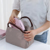 A person holds a pink and brown striped Oxford cloth thermal lunch bag.