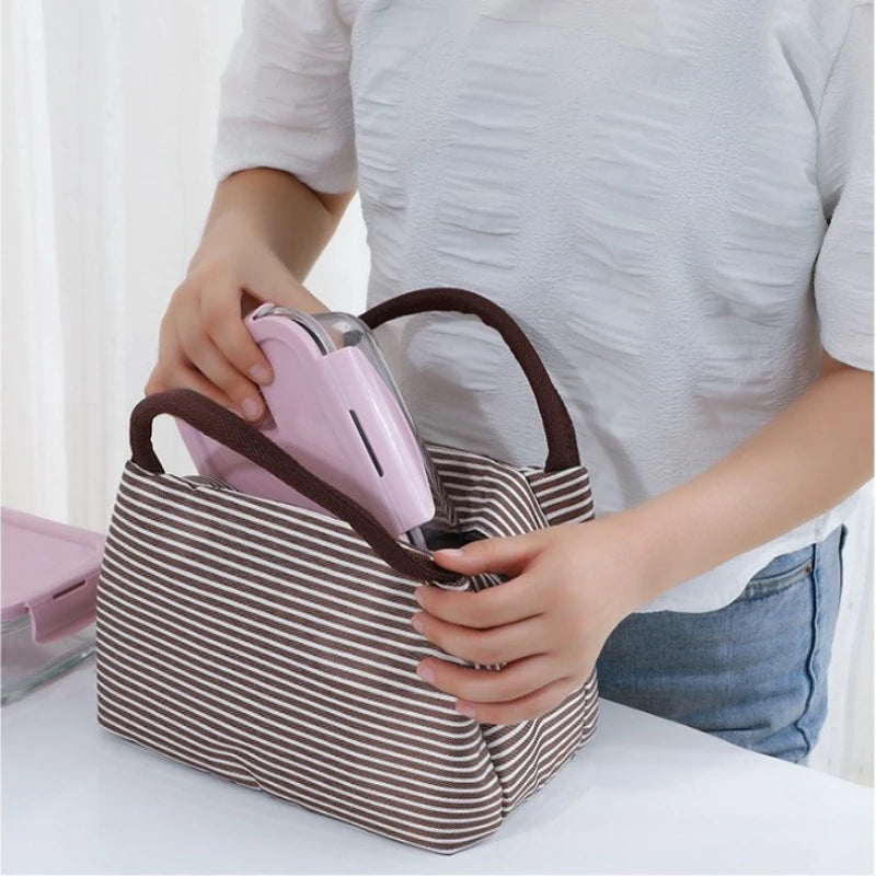 A person holds a pink and brown striped Oxford cloth thermal lunch bag.