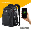 Durable schwarzer Laptop-Rucksack mit abnehmbarem tragbarem Ladegerät vor orangem Hintergrund