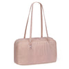A light pink nylon shoulder tote bag with thin straps and a subtle leopard print texture.