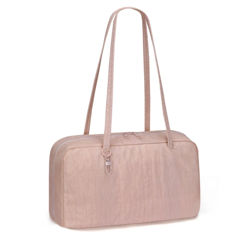 A light pink nylon shoulder tote bag with thin straps and a subtle leopard print texture.