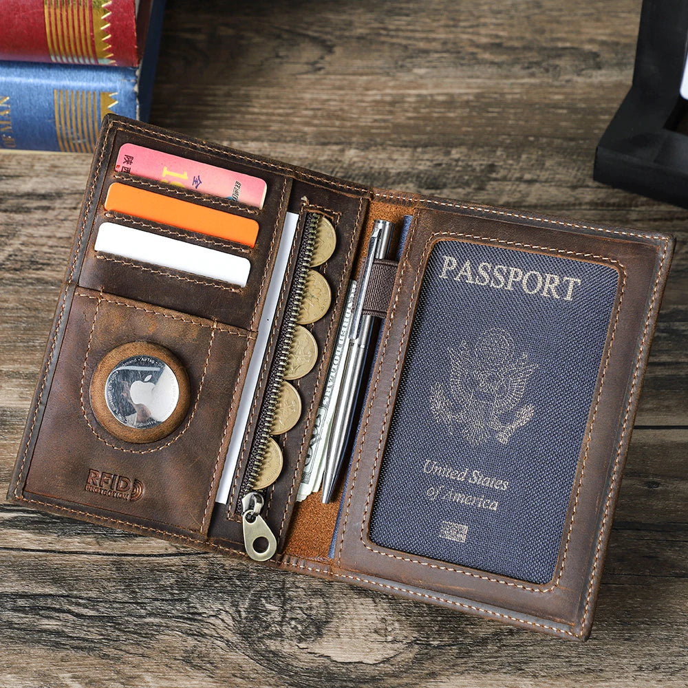 A brown leather passport card holder displaying a passport and various cards on a wooden surface.